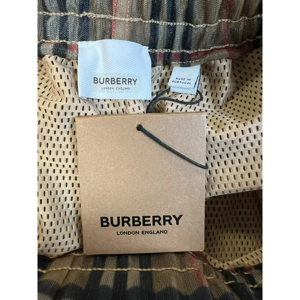 New Burberry Men's Swim Short Iconic Plaid Sheer Over Tan Mesh Pullon Pockets XS